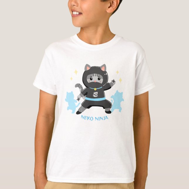 可愛い猫忍者 日本 ブルー Cat Ninja from Japan Blue T Shirt (Framsida)
