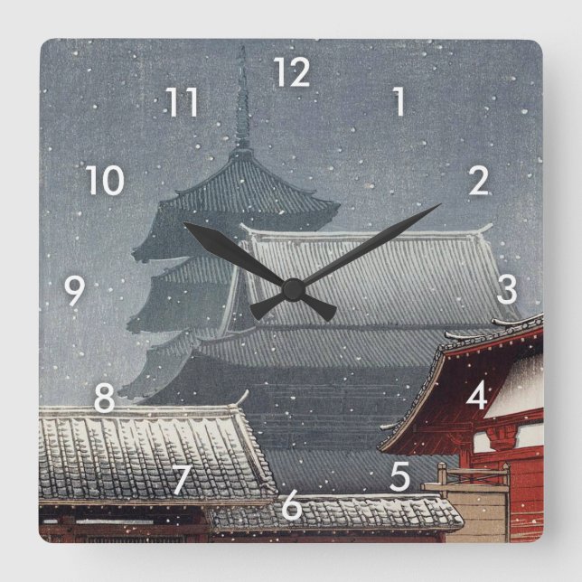 四天王寺 Shitennō-ji i Osaka, Hasui Kawase, träsnitt Fyrkantig Klocka (Framsida)