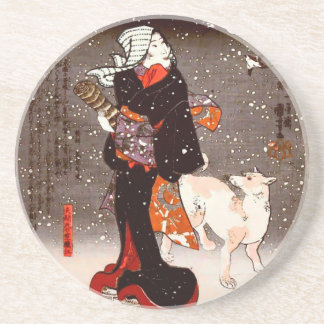 國 芳 Woman & Hund i Snö Kuniyoshi Fine Art Underlägg