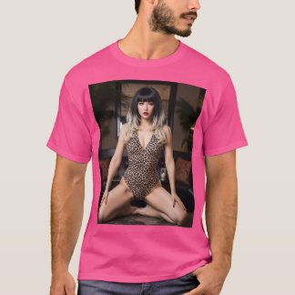 大胆なヒョウ柄水着でゴールドのメッシュワンポイントの似合う黒髪の女性 T SHIRT
