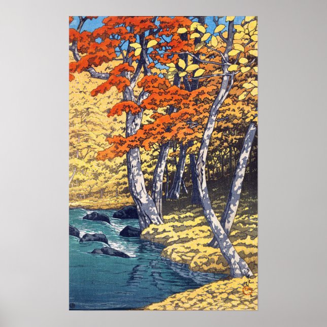 奥 入 瀬, 秋, hösten vid Oirase, Hasui Kawase, Woodcut Poster (Framsidan)
