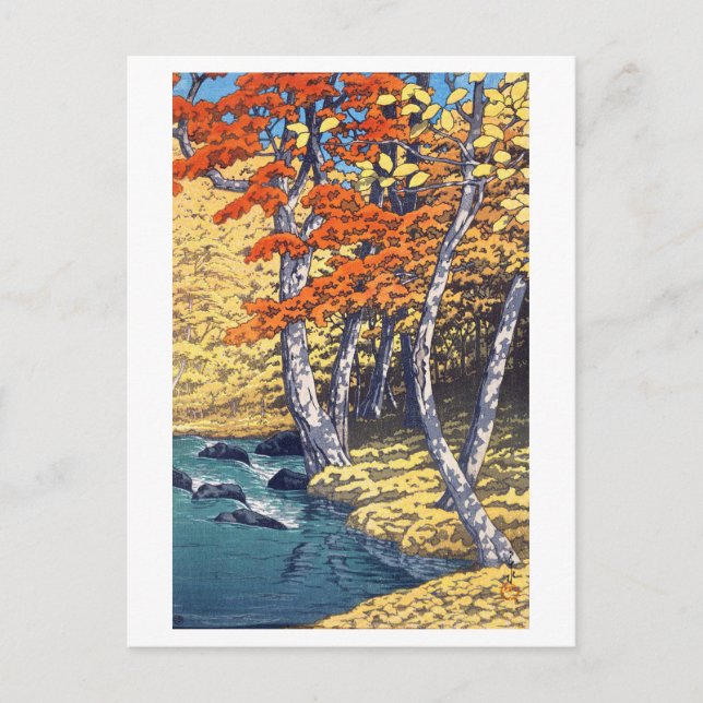 奥 入 瀬, 秋, hösten vid Oirase, Hasui Kawase, Woodcut Vykort (Framsida)