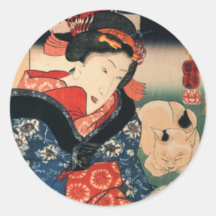 女 と 眠 猫, 国 芳 och sömnkatt, Kuniyoshi Runt Klistermärke