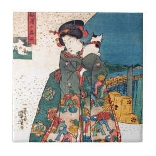 少女と猫 国芳flicka med katten, Kuniyoshi, Ukiyo-e Kakelplatta