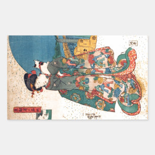 少 女 猫, 国 芳 flicka med Cat, Kuniyoshi, Ukiyo-e Rektangulärt Klistermärke