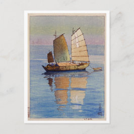 帆 船 夕, segelbåtar, kvällsglöd, Hiroshi Yoshida Vykort