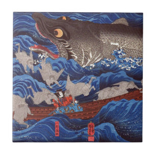 怪物鮫 gigantisk haj för 国芳, Kuniyoshi, Ukiyo-e Kakelplatta