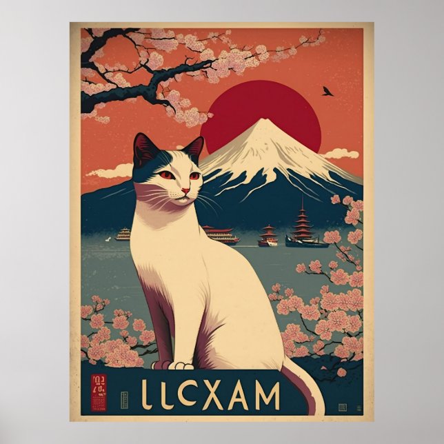 日本の伝統的なヴィンテージデザインを使用したアート作品　美しい富士山と猫 POSTER (Framsidan)