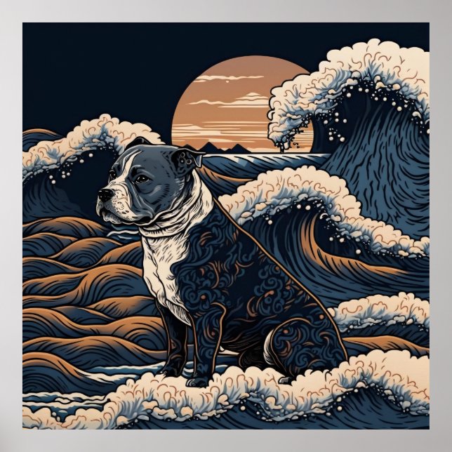 日本の伝統的なヴィンテージデザインを使用したアート作品　躍動感のある波と犬 POSTER (Framsidan)