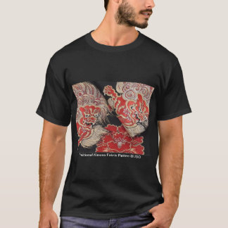 日本の伝統的着物生地　かっこいい獅子と牡丹のTシャツ T SHIRT