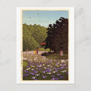 明 治 神 菖 蒲, Iris Garden at Meiji Shrine, Hasui Kawa Vykort