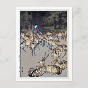 春 日 大 の 鹿, Hjort av Kasuga Shrine, Hiroshi Yoshida Vykort