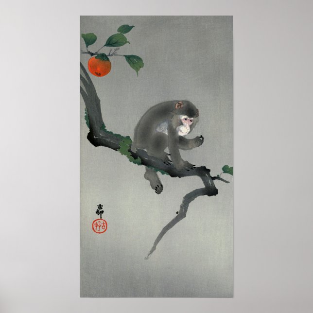 柿 に, 古 邨 Monkey om Persimmon träd, Ohara Koson Poster (Framsidan)