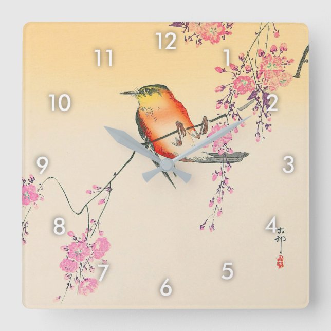 桜 鳥, 小 原 古 Blommarna Bird & Cherry, Ohara Koson Fyrkantig Klocka (Framsida)