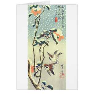 椿 雀, 広 重 Camellia och Sparrow, Hiroshige, Ukiyo-e Hälsningskort