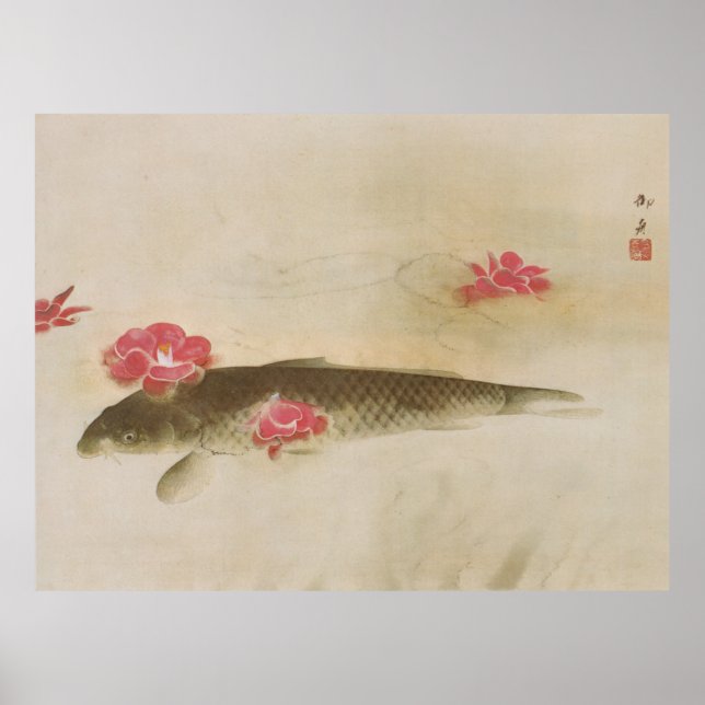 椿 鯉, 速 水 舟 Camellia och Carp, Gyoshū Poster (Framsidan)