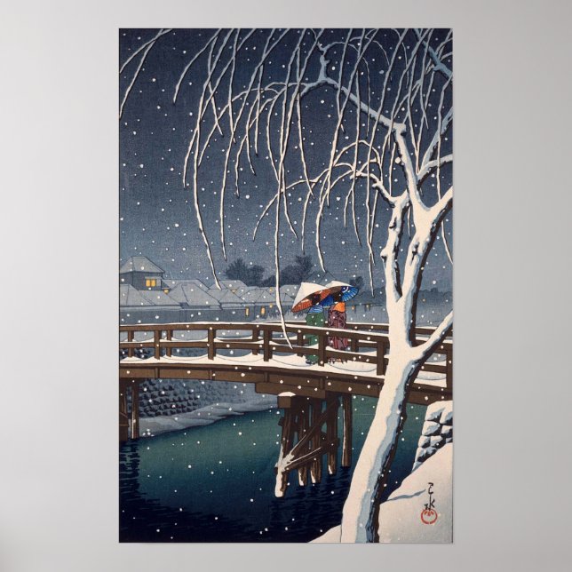 江 戸 川 宵, Evening Snö vid Edogawa, Hasui Kawase Poster (Framsidan)