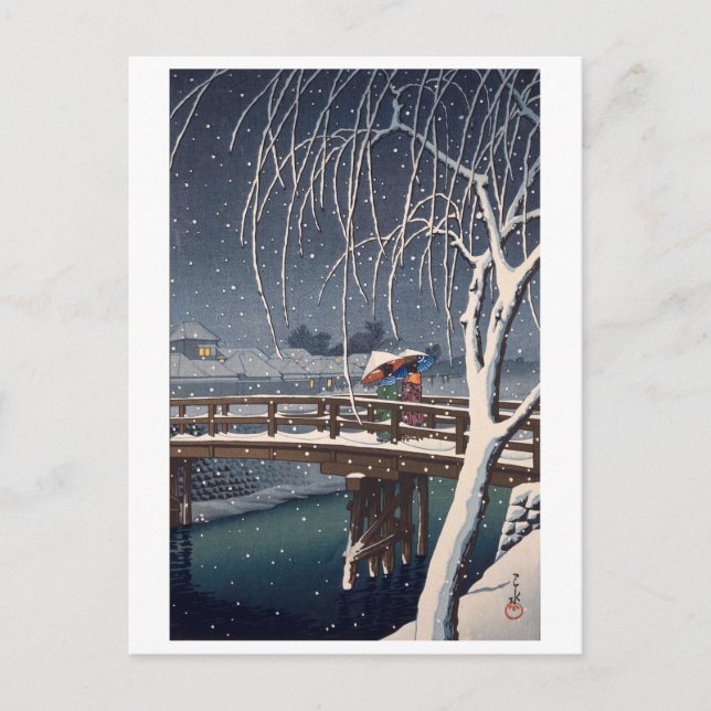 江 戸 川 宵, Evening Snö vid Edogawa, Hasui Kawase Vykort (Framsida)