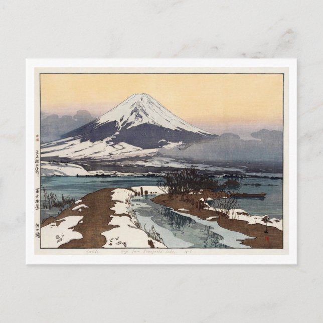 河 湖, Sjö Kawaguchi, Hiroshi Yoshida, Woodcut Vykort (Framsida)