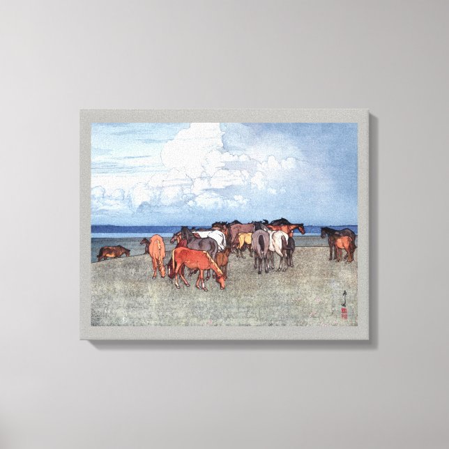 沼 崎 牧, hästar, Hiroshi Yoshida, träspån Canvastryck (Framsida)