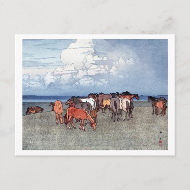 沼 崎 牧, hästar, Hiroshi Yoshida, träspån Vykort (Framsida)
