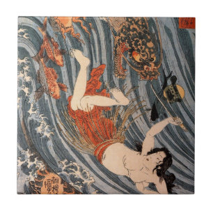 海 女 龍, 国 芳, Woman & Dragon, Kuniyoshi, Ukiyo-e Kakelplatta