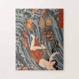 海 女 龍, 国 芳, Woman & Dragon, Kuniyoshi, Ukiyo-e Pussel