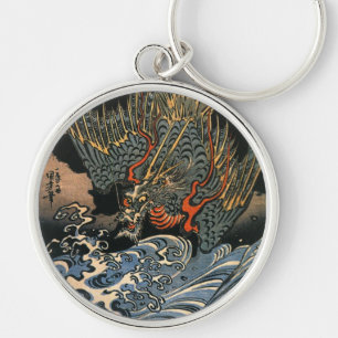 海 龍, 国 芳, Sea Dragon, Kuniyoshi, Ukiyo-e Rund Silverfärgad Nyckelring
