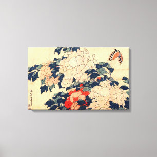 牡 丹 蝶, 北 Peonies and Butterfly, Hokusai, Ukiyo-e Canvastryck
