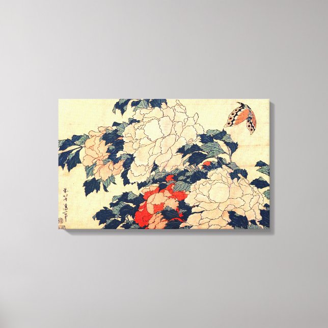 牡 丹 蝶, 北 Peonies and Butterfly, Hokusai, Ukiyo-e Canvastryck (Framsida)
