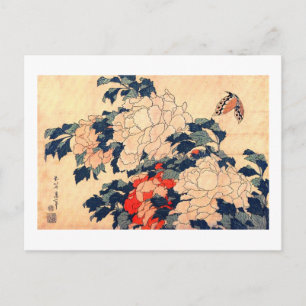 牡 丹 蝶, 北 Peonies and Butterfly, Hokusai, Ukiyoe Vykort