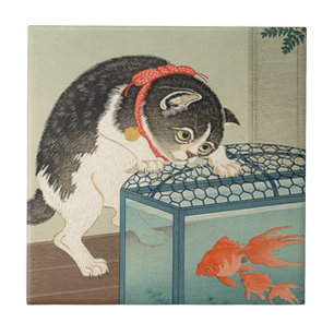 猫と金魚, 古邨katt & guldfisk, Koson, Ukiyo-e Kakelplatta