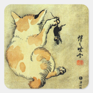 猫 と, 暁 斎 Kat och Mouse, Kyōsai, Ukiyo-e Fyrkantigt Klistermärke