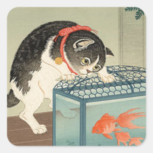 猫 と 魚, 古 Cat & Goldfish, Koson, Ukiyo-e Fyrkantigt Klistermärke