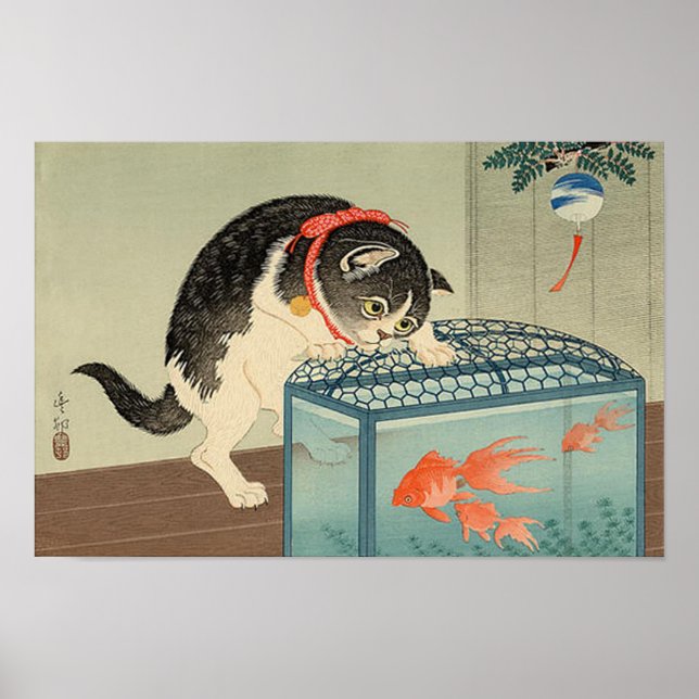 猫 と 魚, 古 Cat & Goldfish, Koson, Ukiyo-e Poster (Framsidan)