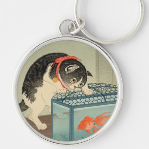 猫 と 魚, 古 Cat & Goldfish, Koson, Ukiyo-e Rund Silverfärgad Nyckelring