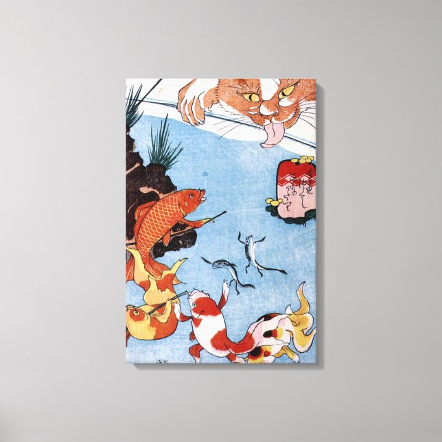 猫 と 魚, 国 Cat och Goldfish, Kuniyoshi, Ukiyo-e Canvastryck (Framsida)