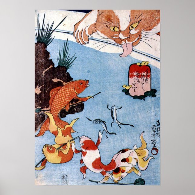 猫 と 魚, 国 Cat och Goldfish, Kuniyoshi, Ukiyo-e Poster (Framsidan)
