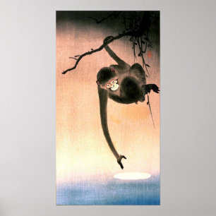 猿, 小 原 邨 Monkey som når Måne, Ohara Koson Poster