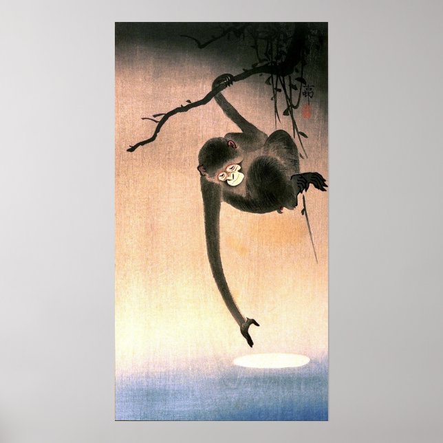 猿, 小 原 邨 Monkey som når Måne, Ohara Koson Poster (Framsidan)