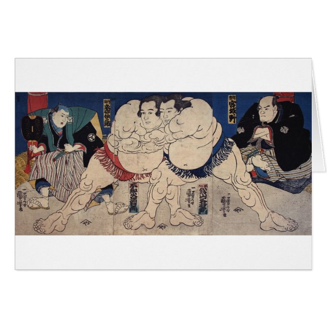 相 撲, 国 Sumo Wrestling, Kuniyoshi, Ukiyo-e Hälsningskort (Framsidan Horizontal)