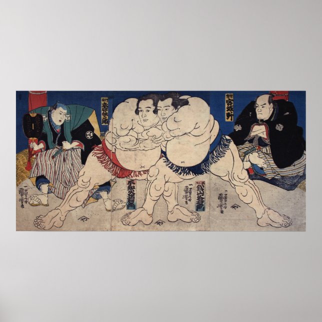相 撲, 国 Sumo Wrestling, Kuniyoshi, Ukiyo-e Poster (Framsidan)
