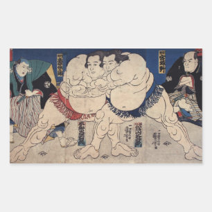 相 撲, 国 Sumo Wrestling, Kuniyoshi, Ukiyo-e Rektangulärt Klistermärke