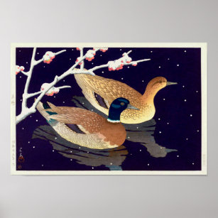 真鴨, Mallard Ducks, Hasui Kawase, Woodcut Poster