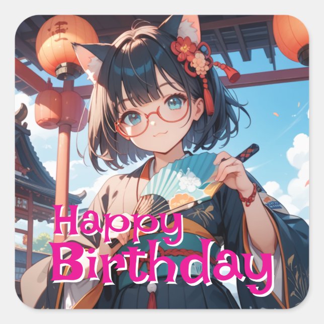 着物を着て扇子を持っている猫耳少女 FYRKANTIGT KLISTERMÄRKE (Framsida)