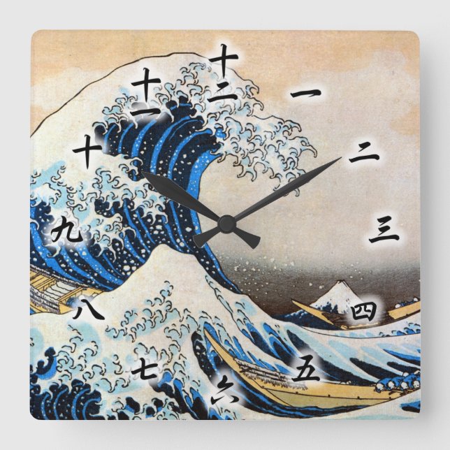 神奈川沖浪裏 北斎underbar vinkar, Hokusai, Ukiyo-e Fyrkantig Klocka (Framsida)