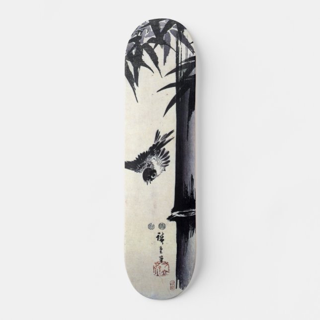 竹 雀, 歌 川 重 Bamboo & Sparrow, Hiroshige, Sumi-e Skateboard Bräda 20,5 Cm (Framsida)