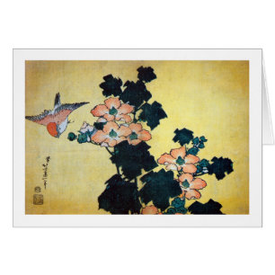 芙 蓉 に 雀, 北 Hibiscus Mutabilis and Sparrow, Hokusai Hälsningskort