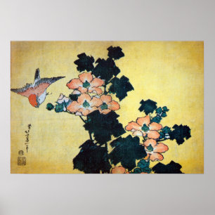 芙 蓉 に 雀, 北 Hibiscus Mutabilis and Sparrow, Hokusai Poster