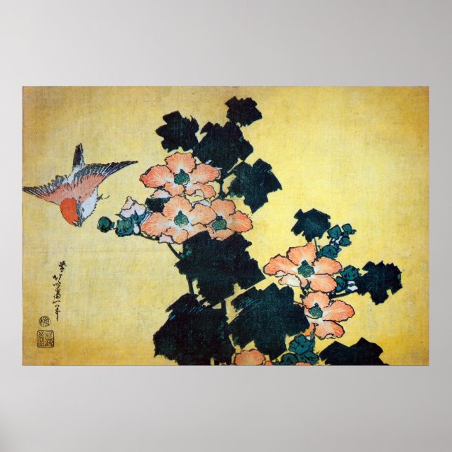 芙 蓉 に 雀, 北 Hibiscus Mutabilis and Sparrow, Hokusai Poster (Framsidan)